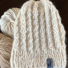 Load image into Gallery viewer, The Faux Cable Beanie in Green Gable Alpacas Royal Birch lopi yarn.
